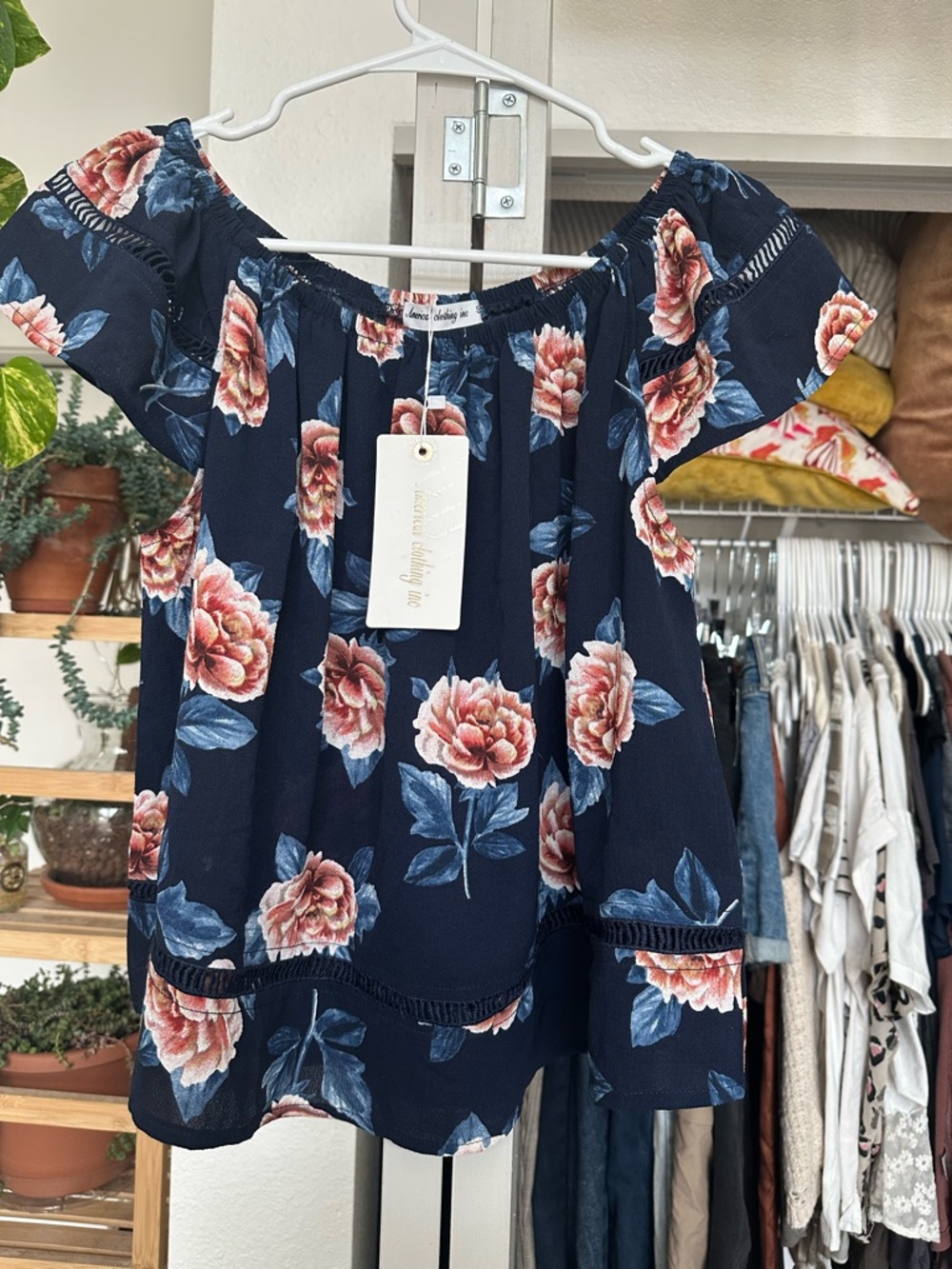 Floral Off-Shoulder Women's Top - Navy with Pink Roses